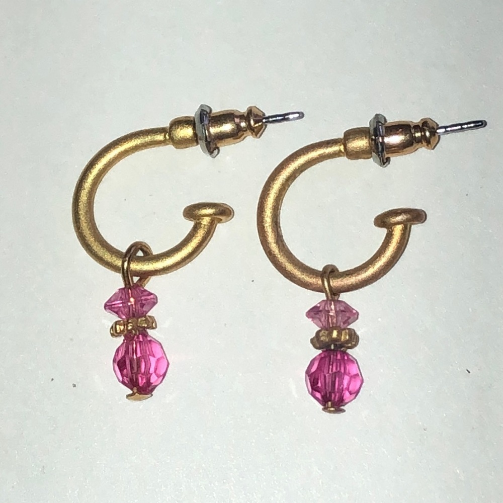 Gold Tone and Pink Beaded Boho Dainty Hoop Earrings